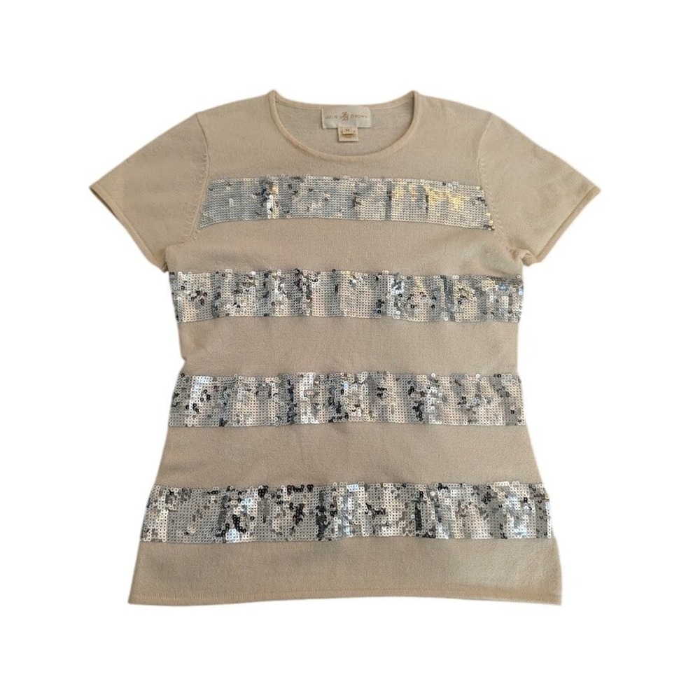 Julie Brown Women's Wool/Cashmere Beige Short Sleeve Sweater Sequins Size Medium